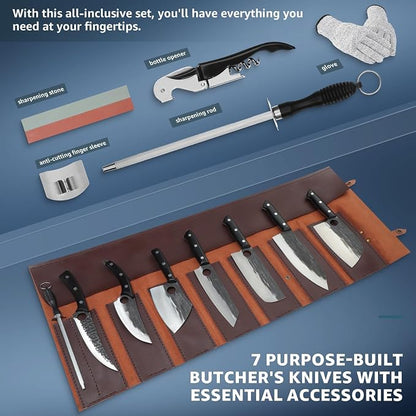 TIVOLI Butcher Knife Set for Meat Cutting, 13Pcs Upgraded High Carbon Steel Hand Forged Kitchen Knife Set with Roll Bag, Viking Chef Knife Set for Kitchen Outdoor BBQ