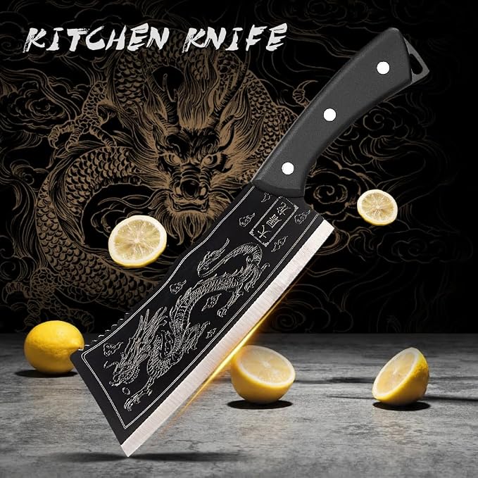 Dragon Engraved Chinese Cleaver with Sheath, High Carbon Stainless Steel Sharp Chef’s Tool for Kitchen, Meat Cleaver, Vegetable or Meat Cutting, Cool for Men, Ideal for Home Cooking or Camping