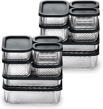 EATEX Grooved Base Glass Meal Prep Containers, 14 Pack Glass Food Storage Containers with Lids for Meal Prep & Lunch, Microwave Oven Freezer Dishwasher Safe, Anti Moisture Non-Stick Design - Black