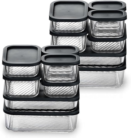 EATEX Grooved Base Glass Meal Prep Containers, 14 Pack Glass Food Storage Containers with Lids for Meal Prep & Lunch, Microwave Oven Freezer Dishwasher Safe, Anti Moisture Non-Stick Design - Black
