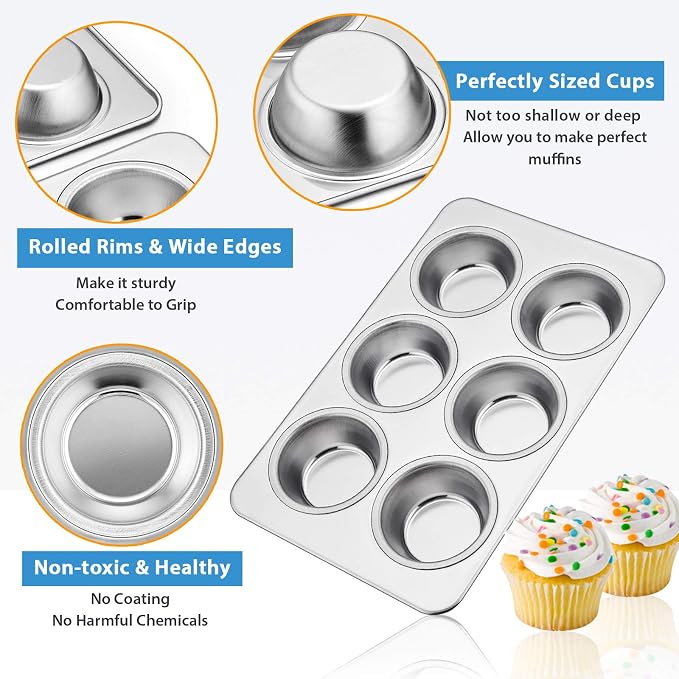 E-far Muffin Pan Set of 3, Stainless Steel Muffin Pan Tin for Baking, 6-Cup Metal Cupcake Pan Tray, Non-toxic & Healthy, Oven & Dishwasher Safe, Regular Size - 11.44 x 7.12 x 1.25 inch