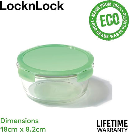 LocknLock Eco Ovenglass Glass Food Containers with Lids Set of 5 - Airtight, Leakproof Round Food Storage Containers with Recycled Plastic Lids, Oven Safe, Dishwasher Safe, 5 x 950ml