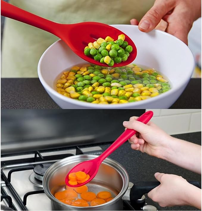 Linwnil 4 Pieces Silicone Slotted Spoons,10.6 Inch Nonstick Mixing Serving Spoons for Kitchen Cooking Bake Stir Draining Tool (4, Red)