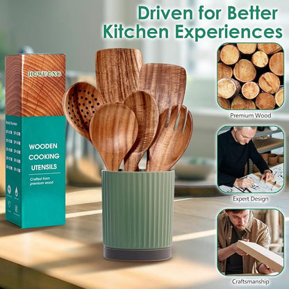 HOWHONG Wooden Spoons for Cooking, Teak Wood Kitchen Utensil Set, Premium Handmade Wooden Utensils for Nonstick Cookware, Heat Resistant, Smooth Finish, Comfortable Grip, 6 Piece