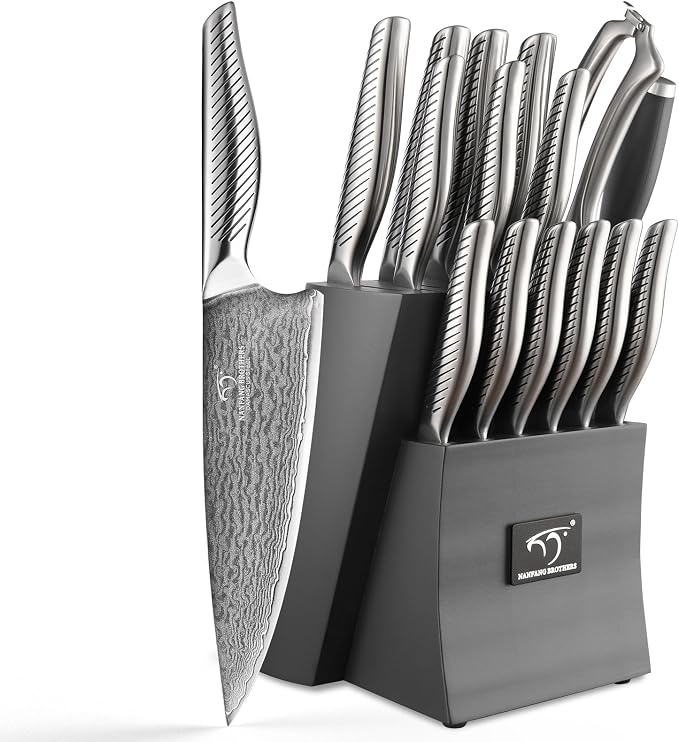 NANFANG BROTHERS® 16 Pieces Damascus Kitchen Knife Set, High Carbon Damascus Steel Chef Knife Set, Stainless Steel Ergonomic Handle for Chef, with Built-in Sharpening Rod
