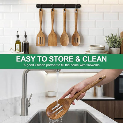 Acacia Wooden Cooking Utensils Kitchen Spatula Wood Slotted Spoons for Cooking Turner Non Toxic Serving Utensils Set Large Stirring Mixing Spoon Kitchen Tool Gadgets Wood Spatula for Cooking Spoons
