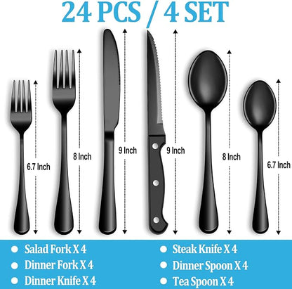 24 Pcs Black Silverware Set with Steak Knives, Stainless Steel Flatware Cutlery Set Service for 4, Kitchen Tableware Set, Utensil Set for Home and Restaurant, Knives Forks Spoon Set, Dishwasher Safe