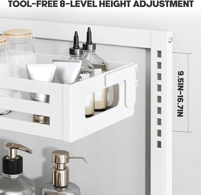 2 Pack 17IN-Depth Under Sink Organizer,Pull Out Cabinet Organizer With Smooth Cylindrical Rail,Metal Slide Out Drawer for Kitchen Bathroom Laundry,8-Level Tool Free Height Adjustable-White