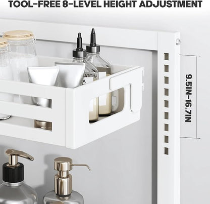 2 Pack Under Sink Organizer,Pull Out Cabinet Organizer With Smooth Cylindrical Rail,Metal Slide Out Drawer for Kitchen Bathroom Laundry Cabinet,8-Level Tool Free Height Adjustable-White