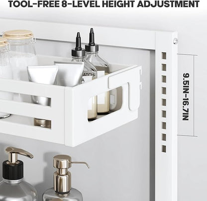 2 Pack 19IN-Depth Under Sink Organizer,Pull Out Cabinet Organizer With Smooth Cylindrical Rail,Metal Slide Out Drawer for Kitchen Bathroom Laundry,8-Level Tool Free Height Adjustable-White