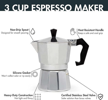 Primula Classic Stovetop Espresso and Coffee Maker, Moka Pot for Italian and Cuban Café Brewing, Greca Coffee Maker, Cafeteras, 3 Espresso Cups, Silver