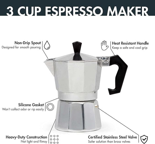 Primula Classic Stovetop Espresso and Coffee Maker, Moka Pot for Italian and Cuban Café Brewing, Greca Coffee Maker, Cafeteras, 3 Espresso Cups, Silver