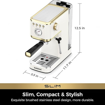 CHULUX Slim Espresso Machine with Milk Frother, 20 Bar Professional Italian Pump Espresso Coffee Machine for Home Cappuccino & Latte Maker, Stainless Steel, White and Gold