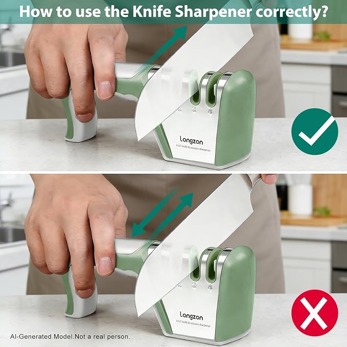 Longzon 5-in-1 Knife Sharpener 4 Stage with Cut-Resistant Glove, Quickly Sharpens & Restores Dull Blades, Easy & Safe for Home Kitchen Use, Fits Most Knives and Scissors, Gray+Green