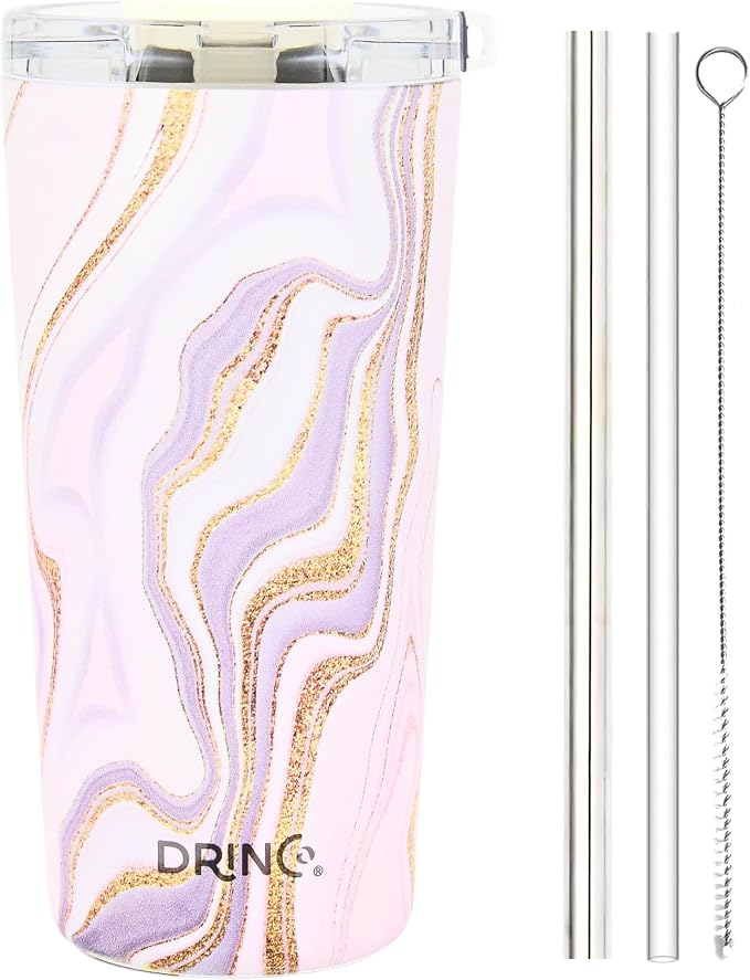 Drinco - 20 oz Stainless Steel Tumbler | Double Walled Vacuum Insulated Mug With Lid, 2 Straws, For Hot & Cold Drinks (20oz Rosa Gold)