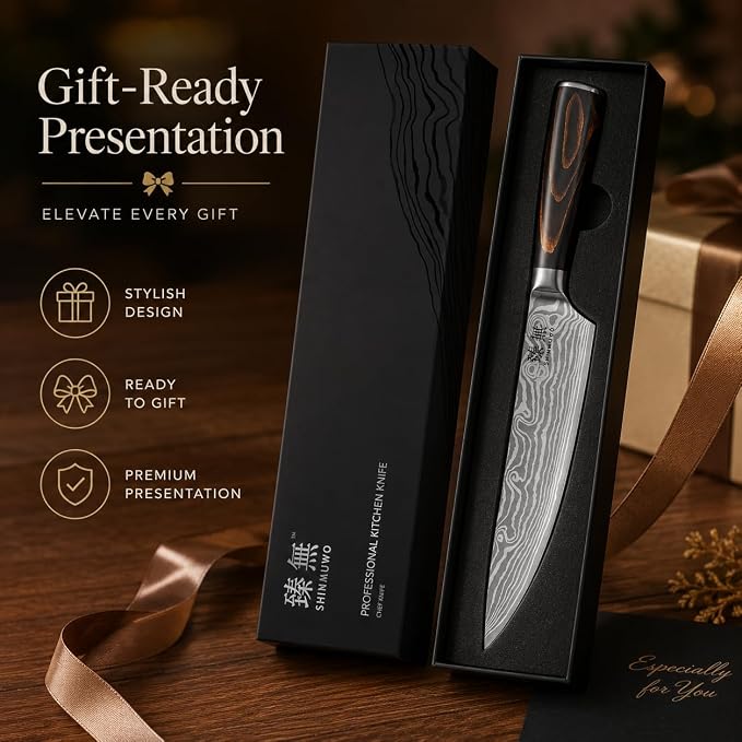 8 Inch Chef Knife, High Carbon Stainless Steel Japanese Gyuto Style Cooking Knife with Wave Pattern, Ergonomic Pakkawood Handle - Professional Kitchen Knife with Gift Box