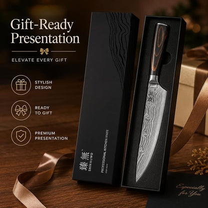 8 Inch Chef Knife, High Carbon Stainless Steel Japanese Gyuto Style Cooking Knife with Wave Pattern, Ergonomic Pakkawood Handle - Professional Kitchen Knife with Gift Box