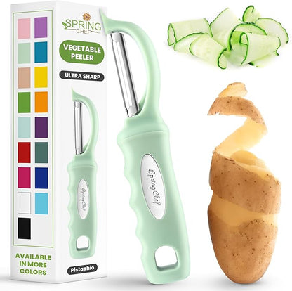 Spring Chef Premium Swivel Vegetable Peeler, Comfortable Handle and Ultra Sharp Stainless Steel Blades - Perfect Kitchen Peeler For Veggie, Fruit, Potato, Carrot, Apple - Pistachio