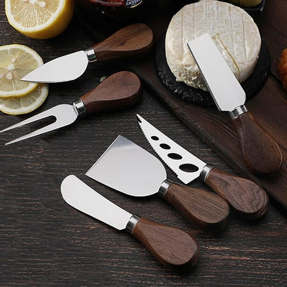 6 Piece Cheese Knives Set with Wooden Handle, Mini Steel Stainless Cheese knife set for Charcuterie and Cheese spread, Perfect for Cheese Slicer and Butter Cutter (Walnut wood, S)