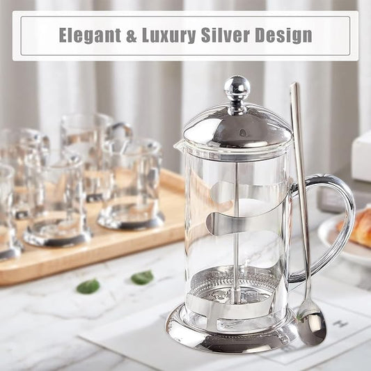 DUJUST Silver French Press Coffee Maker, Luxury Design French Coffee Press with 4-Level Filter System, High-Grade Glass for Hot & Cold Resistance, Include Long Size 304 Stainless Steel Spoon - 34oz