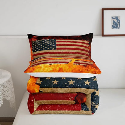 Manfei Burning Flame 3 Pcs Queen Size Comforter Set,American Flag Down Alternative Adults Room Decor,Firefighter Ultra Soft Microfiber Inner Fill 3Pcs Bedding