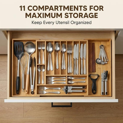 Expandable Bamboo Silverware Organizer for Drawer, 11 Compartments | Expands 18.5"-33", 11-13 Deep Slots with Adjustable Dividers, Solid Bamboo Construction, Non-Slip Design