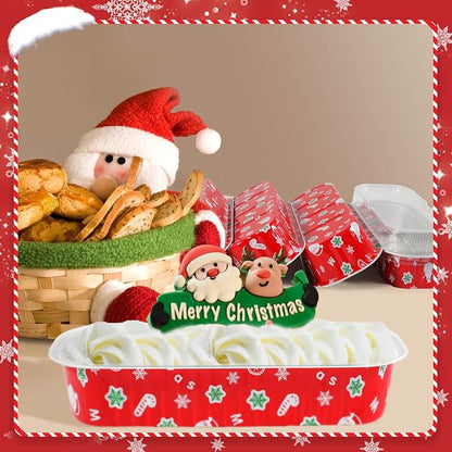 100Pack Christmas Mini Loaf Pans with Lids Mini Cake Pans with Lids and Spoons, 6.8Oz Aluminum Foil Pans Tins, Individual Dessert Cups Containers for Sales,Party,Picnics