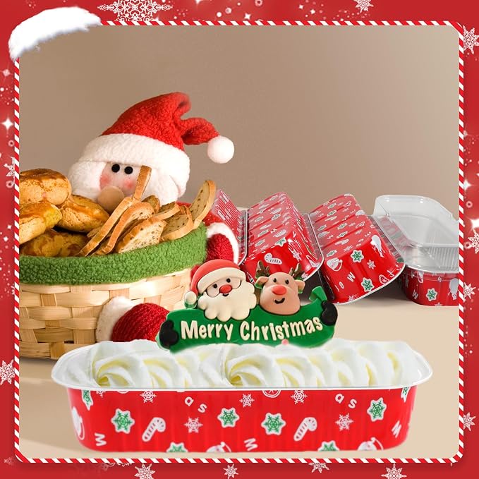50Pack Christmas Mini Cake Pans Disposable Mini Loaf Pans with Lids and Spoons, 6.8Oz Aluminum Foil Pans Tins, Individual Dessert Cups Containers for Sales,Party,Picnics