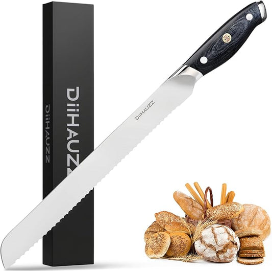 DiiHAUZZ Bread Knife, 10 Inch Serrated Knife for Slicing Homemade Bread, Razor Sharp High Carbon Steel, Professional Bakery Kitchen Knives with Full Tang Ergonomic Handle for Sourdough, Bagel, Cake