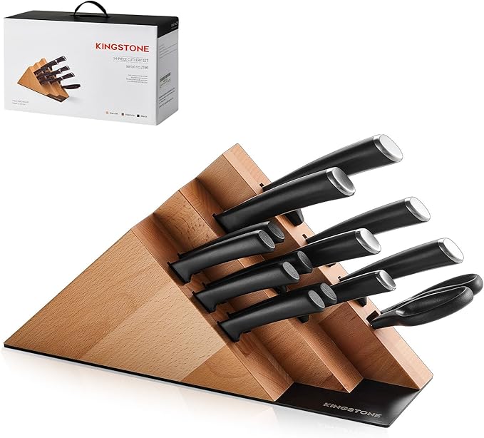 KINGSTONE 14-Piece Kitchen Knife Set with Block, High-Carbon Stainless Steel Knives Set, Ergonomic Non-Slip Handle, Professional Knife Set for Kitchen for Home Cooking & Gifting, Natural
