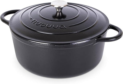 Cast Iron Dutch Oven with Lid-Non-Stick Ovenproof Enamelled Casserole Pot- Sturdy Dutch Oven Cookware - Black, 7.3- Quart, 30cm- by Nuovva