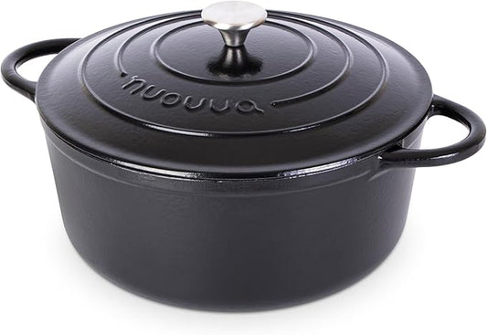 Cast Iron Dutch Oven with Lid-Non-Stick Ovenproof Enamelled Casserole Pot- Sturdy Dutch Oven Cookware - Black, 7.3- Quart, 30cm- by Nuovva
