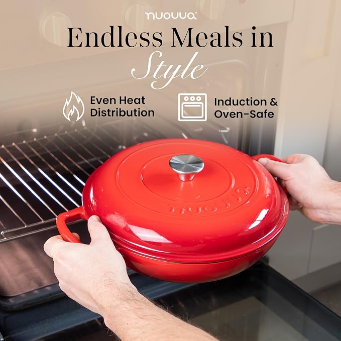 Shallow Cast Iron Casserole with Lid – Non Stick Dutch Oven Pot, Oven Safe up to 500° F – Sturdy Ovenproof Stockpot Cookware – Enamelled Cooking Pot – Red, 5-Quart, 32cm – by Nuovva