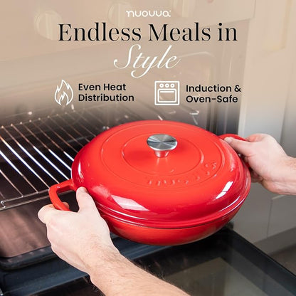 Shallow Cast Iron Casserole with Lid – Non Stick Dutch Oven Pot, Oven Safe up to 500° F – Sturdy Ovenproof Stockpot Cookware – Enamelled Cooking Pot – Red, 5-Quart, 32cm – by Nuovva