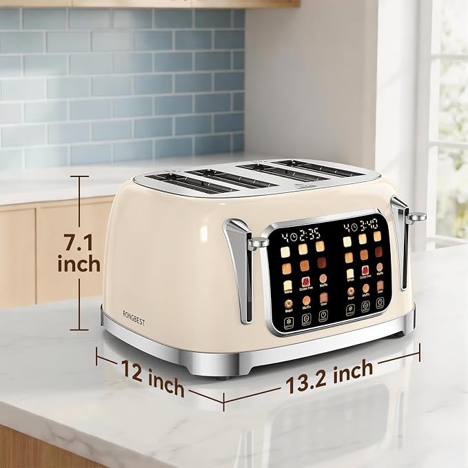 RONGBEST Retro 4 Slice Touch Screen Toaster with Stainless Steel Wide Slot, Reheat & Defrost Bagel for Family Breakfast Bread, 6 Browning Levels, Removable Crumb Tray, Cream Color