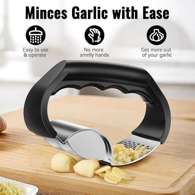 Garlic Press Rocker - NEXZEN Stainless Steel Garlic Crusher, 2-in-1 Easy Kitchen Gadget for Effortless Smashing