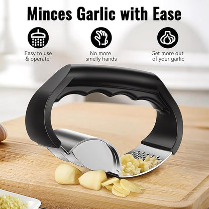 Garlic Press Rocker - NEXZEN Stainless Steel Garlic Crusher, 2-in-1 Easy Kitchen Gadget for Effortless Smashing