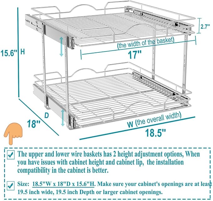 OCG 2 Tier Pull Out Cabinet Organizer (18.5" W x 18" D), Pull Out Drawers for Kitchen Cabinets, Pull Out Shelves for Base Cabinet Organization in Kitchen Bathroom Pantry, Chrome Finish