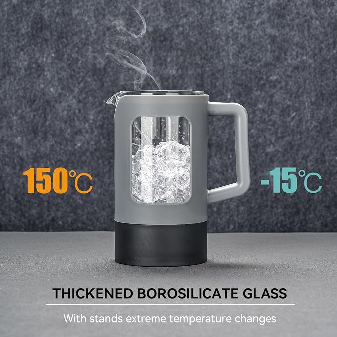 YOLIFE French Press Coffee Maker (12 oz), Camping Mini Coffee Press, Single Cup French Press, Heat-resistant Borosilicate Glass, Portable for Travel, Grey and Black