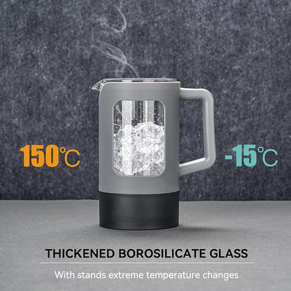 YOLIFE French Press Coffee Maker, 34 oz / 4 Cup Coffee Tea Press with Heat-resistant Borosilicate Glass, 4-Level Filtration Systems, Cold Brew Coffee Maker for Camping Travel Gifts, Grey and Black