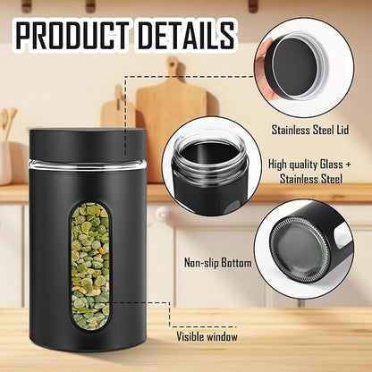 Mimorou 3 Pcs Stainless Steel Canister Set with Glass Windows Visible Storage Jars Silver Kitchen Canister Set for Pasta Flour Oat Sugar Container, Kitchen Tools, Housewarming Gifts(Black,32 oz)