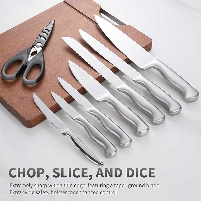 15-Piece Stainless Steel Chef Kitchen Knife Sets with Block & Built-In Sharpener, Professional Chef Knife Sets with Scissors, Steak Knives