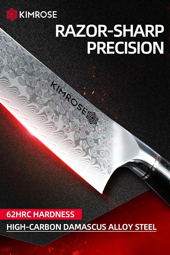 KIMROSE Damascus Chef Knife - 8 inch - High-Carbon Alloy Steel - G10 Handle - Magnetic Sheath - Razor Sharp Kitchen Knife - 10Cr15CoMoV Cutting Core - Gift Box