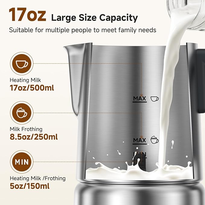 AMZCHEF 8-in-1 Electric Milk Frother and Steamer 600W, 17oz Large Capacity & Detachable, Automatic Warm and Cold Foam Maker for Coffee, Hot Chocolate, Stainless Steel Jug, LED Display, Easy to Clean