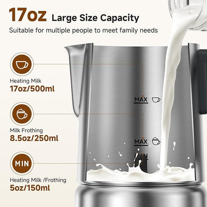 AMZCHEF 8-in-1 Electric Milk Frother and Steamer 600W, 17oz Large Capacity & Detachable, Automatic Warm and Cold Foam Maker for Coffee, Hot Chocolate, Stainless Steel Jug, LED Display, Easy to Clean