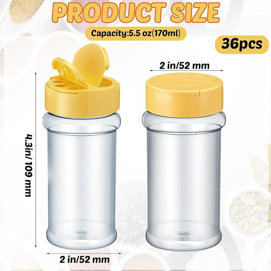 Jadive 36 Pcs 5.5 oz Plastic Spice Jars with Shaker Lids Clear Spice Bottles Plastic Seasoning Containers Empty Shaker for Kitchen Storing Herbs Seasoning Powders Pepper Dry Goods (Yellow)