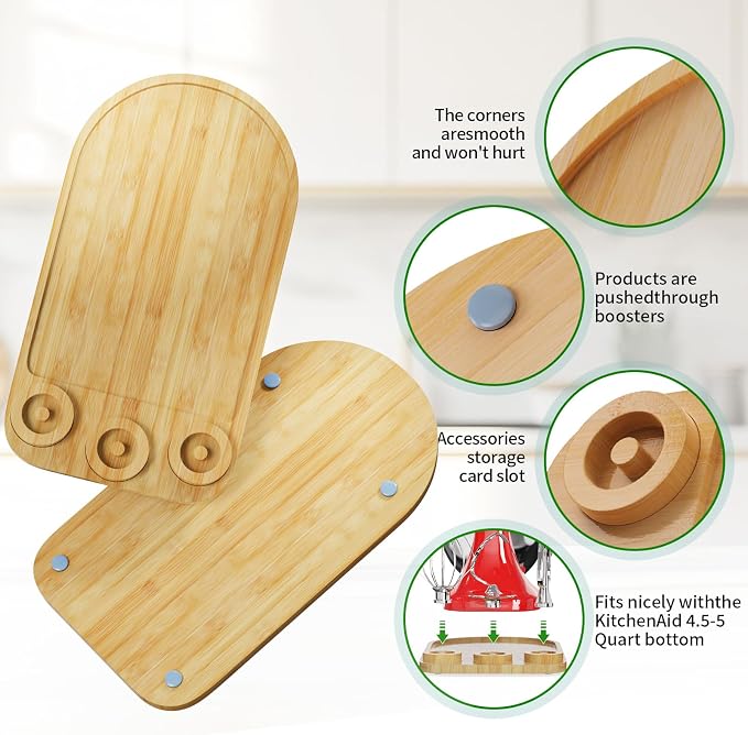 2-in-1 Mixer Sliding Mat with Attachment Storage for KitchenAid Stand Mixer, Bamboo Mixer Slider Pad for KitchenAid 4.5-5 Qt Tilt-Head Mixer, Easy Move & Protect Countertop, Hold 3 Mixer Attachments