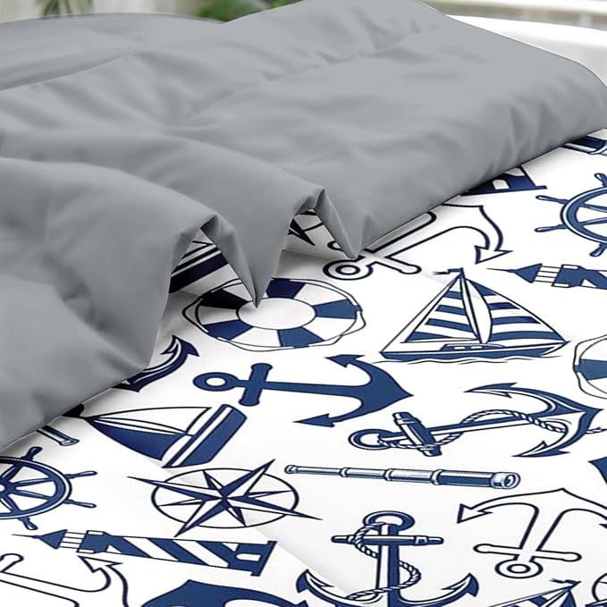 Pamnest Comforter Set Full Size, Nautical Anchors Navy Blue 7 Pcs Bedding for Kids and Adults, Retro Sailor Lighthouse Bed Sheet Sets with Fitted Sheet 2 Pillowcase & 2 Sham for Bedroom Bed Decor