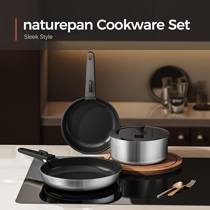 16PCS Pots and Pans Set Non Stick, Diamond-Titanium Ceramic Cookware Set & 3 Layer Stainless Steel with Detachable Handle, Induction Cookware, Non Toxic Oven/Dishwasher Safe, Black