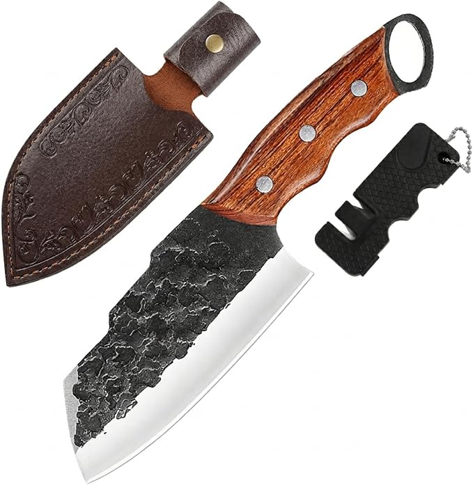KOFERY Hand Forged Serbian Butcher Knife with Full Tang 4Cr13MoV Steel, Viking Meat Cleaver for Butchering, Camp Cooking and BBQ, Includes Leather Sheath & Pocket Sharpener